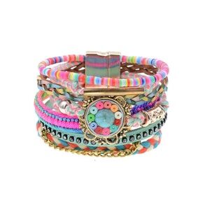 Multi-Layer Rainbow Boho Bracelet – Colorful Beads, Braids & Center Medallion –
